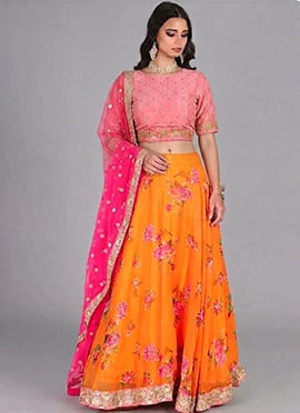 Orange Organza Printed Sequins Kids Lehenga Choli