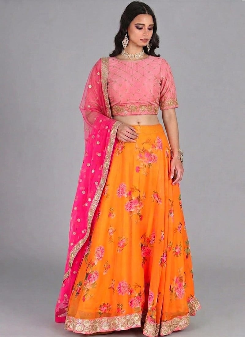 Orange Organza Printed Sequins Kids Lehenga Choli Party Wear