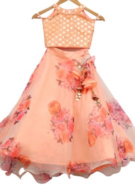 Orange Organza Printed Umbrella Lehenga