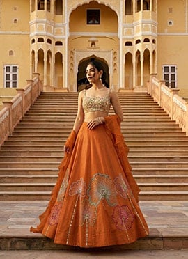Orange Organza Resham Sequins Stones Beads Lehenga