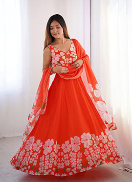 Orange Organza Sequins Beads Digital Print Anarkali Suit