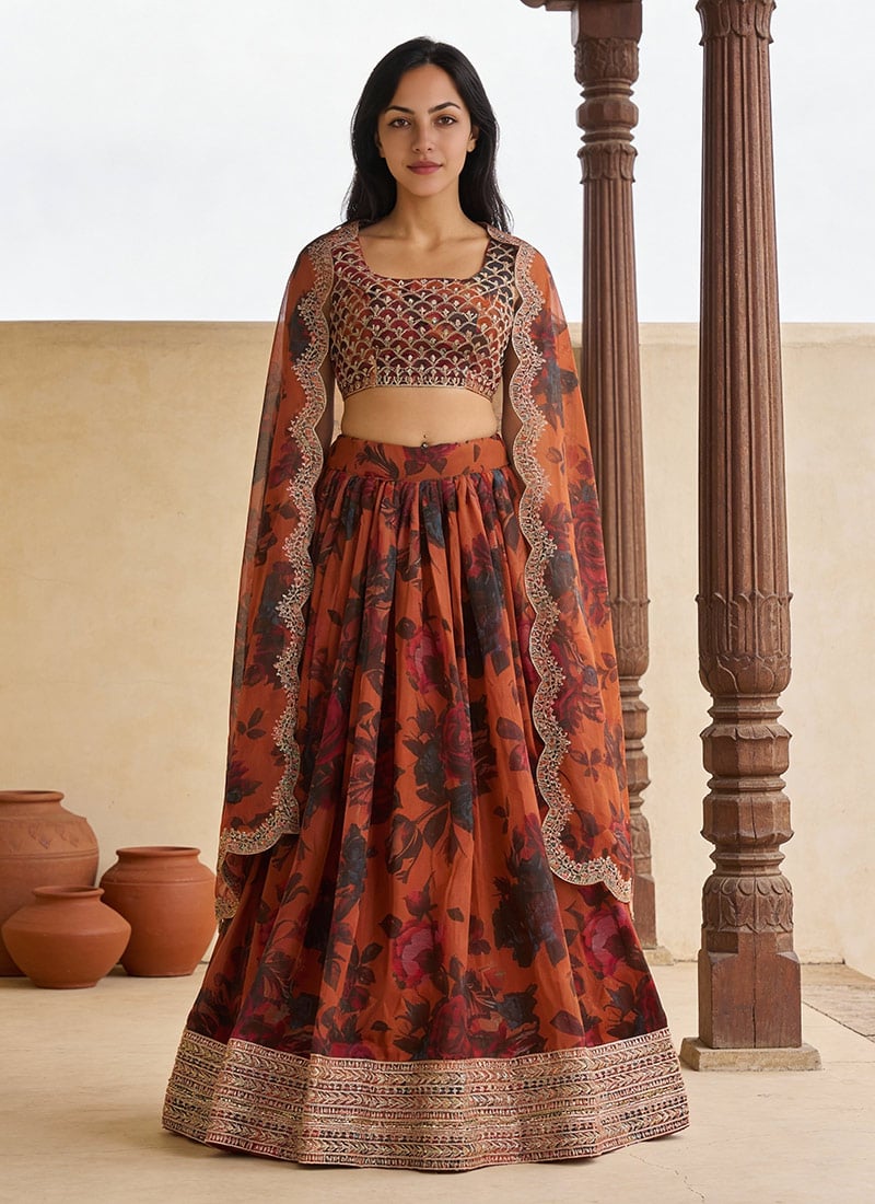 Orange Organza Sequins Zari Digital Print Embroidered Umbrella Lehenga Wedding Wear