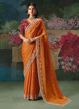 Orange Organza Silk Embroidered Sequins With Beads And Stone Work Saree