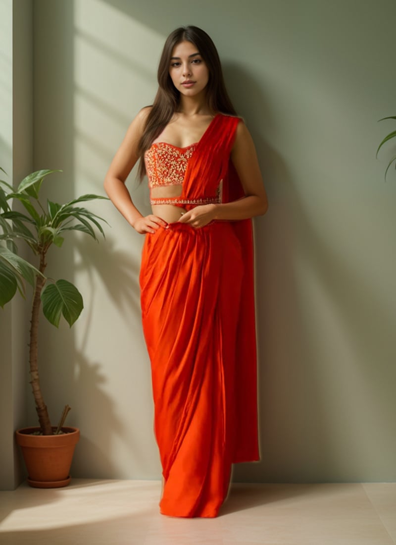 Orange Satin Zardosi Dabaka Hand Embroidered Pre Draped Saree Wedding Wear