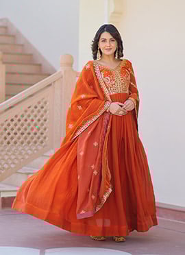 Orange Organza Zari Embroidered Sequins Anarkali Suit