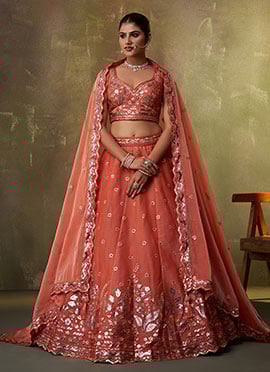 Orange Organza Zari Embroidered Sequins With Beads Work Lehenga