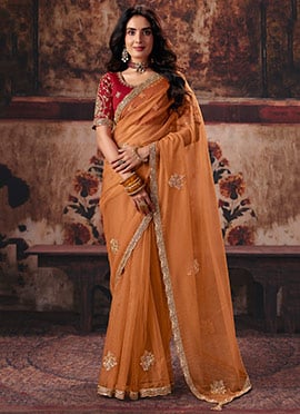 Orange Organza Zari Sequins Beads Embroidered Saree