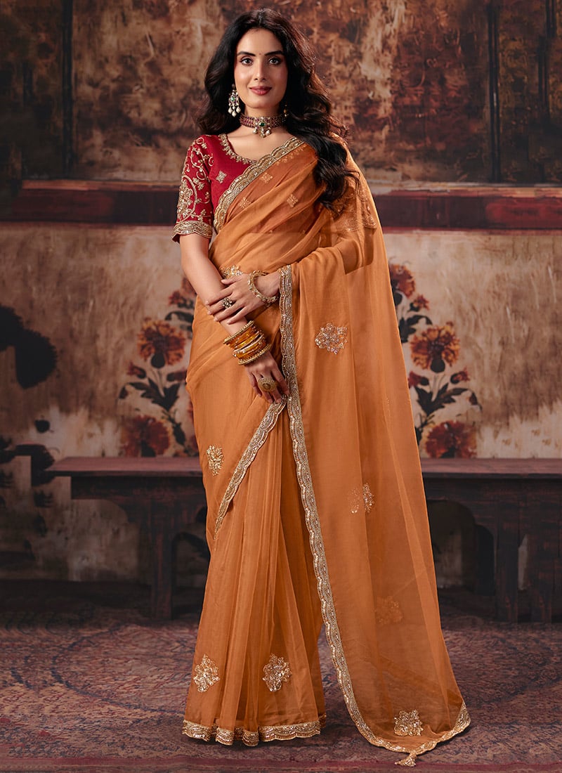 Orange Organza Zari Sequins Beads Embroidered Saree After Six Wear