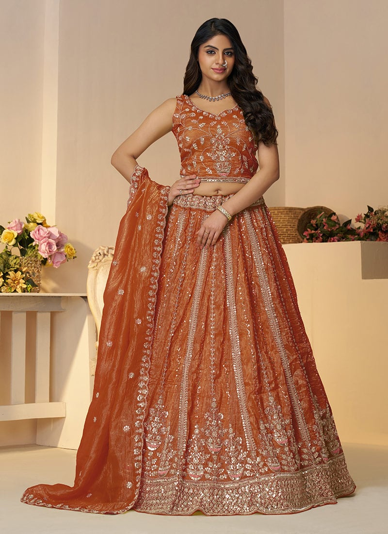 Orange Organza Zari Sequins Embroidered Beads Lehenga