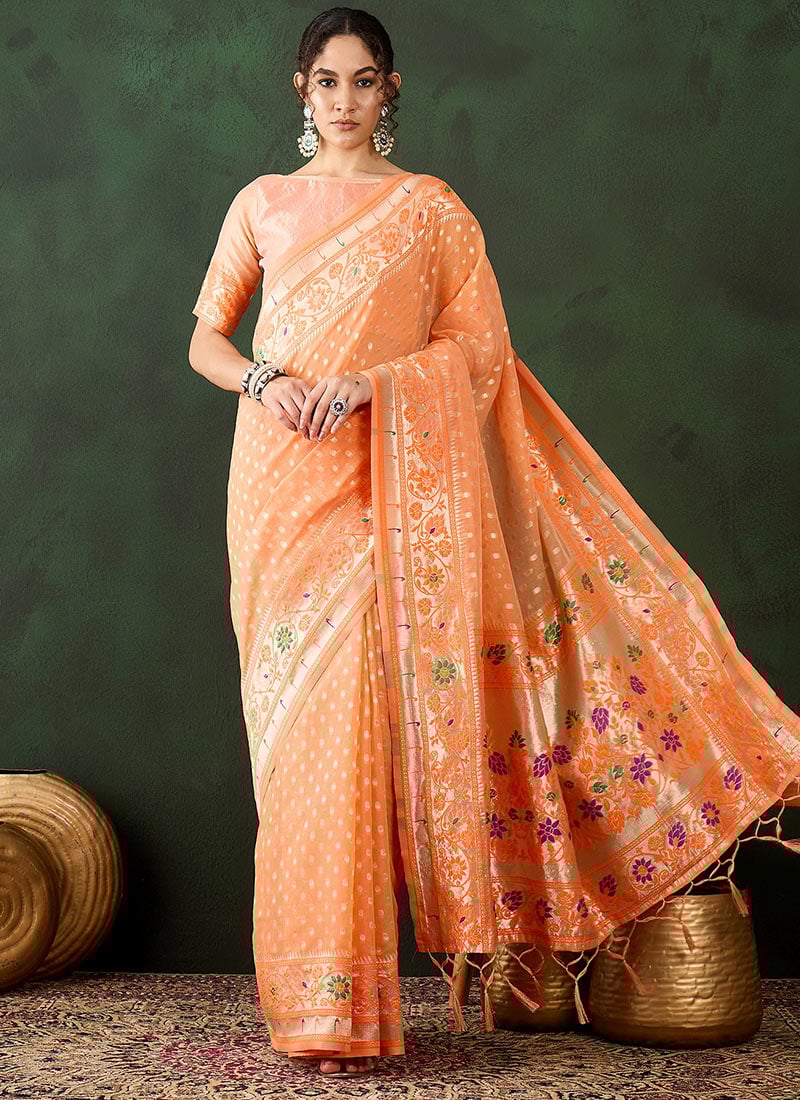 Orange Poly Cotton Woven Zari Saree Festive Wear
