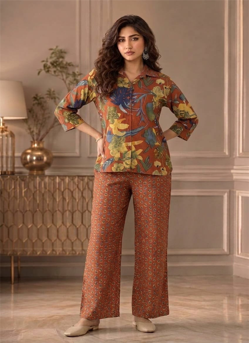 Orange Printed Cotton Co Ord Pant Set After Six Wear
