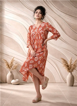 Orange Printed Cotton Flared Midi Dress