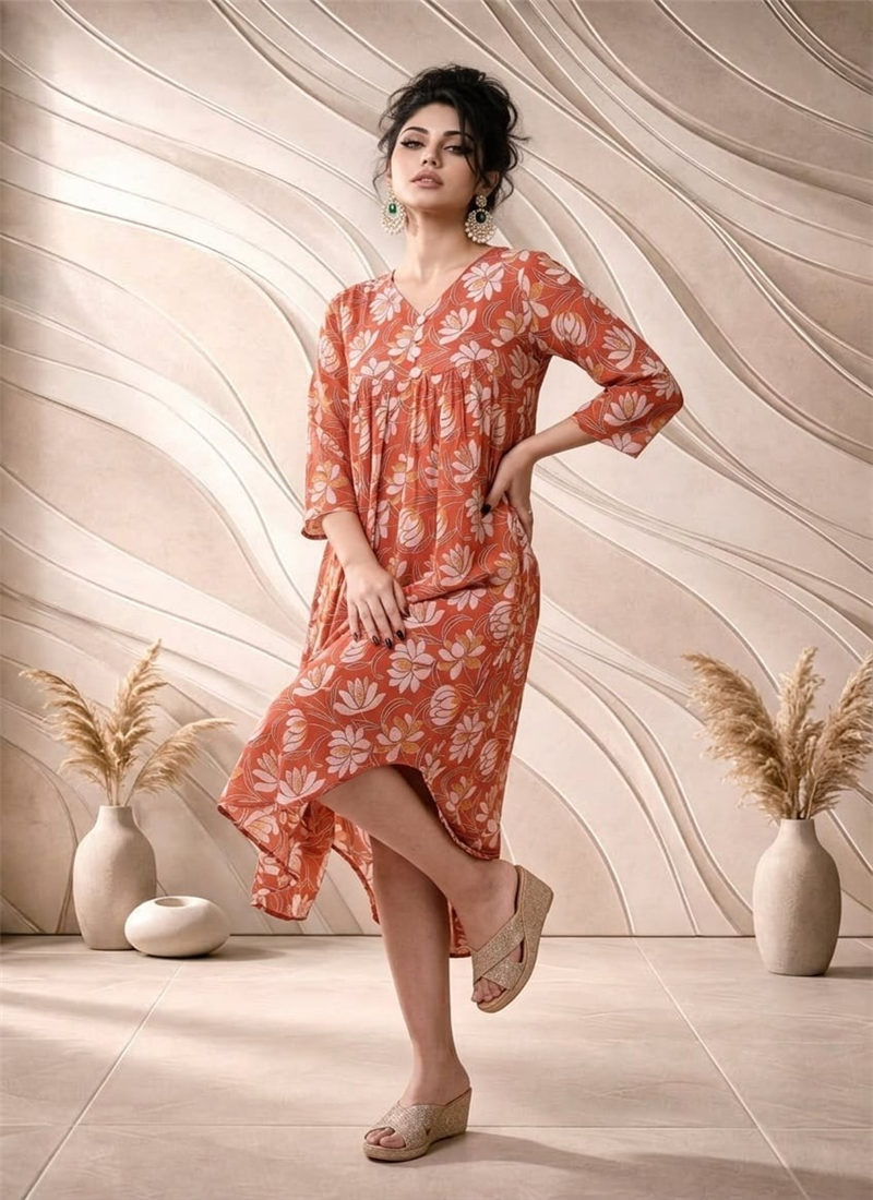 Orange Printed Cotton Flared Midi Dress After Six Wear