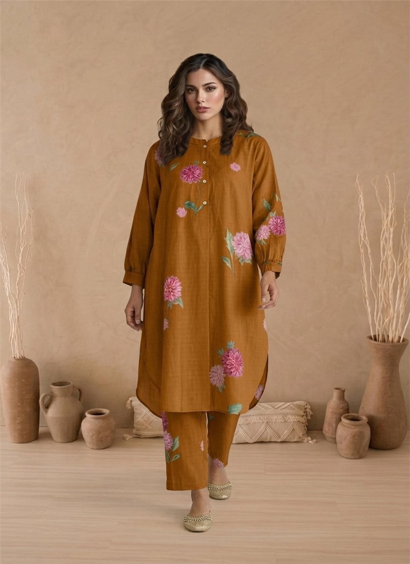 Orange Printed Cotton Kurta Set After Six Wear