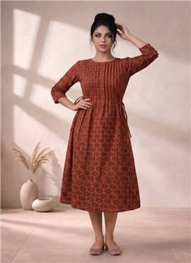 Orange Printed Cotton Midi Dress
