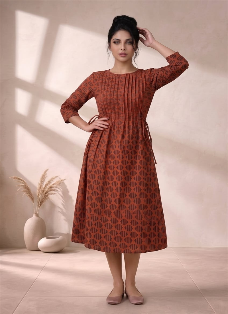 Orange Printed Cotton Midi Dress After Six Wear