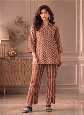 Orange Printed Cotton Straight Top Pant Set