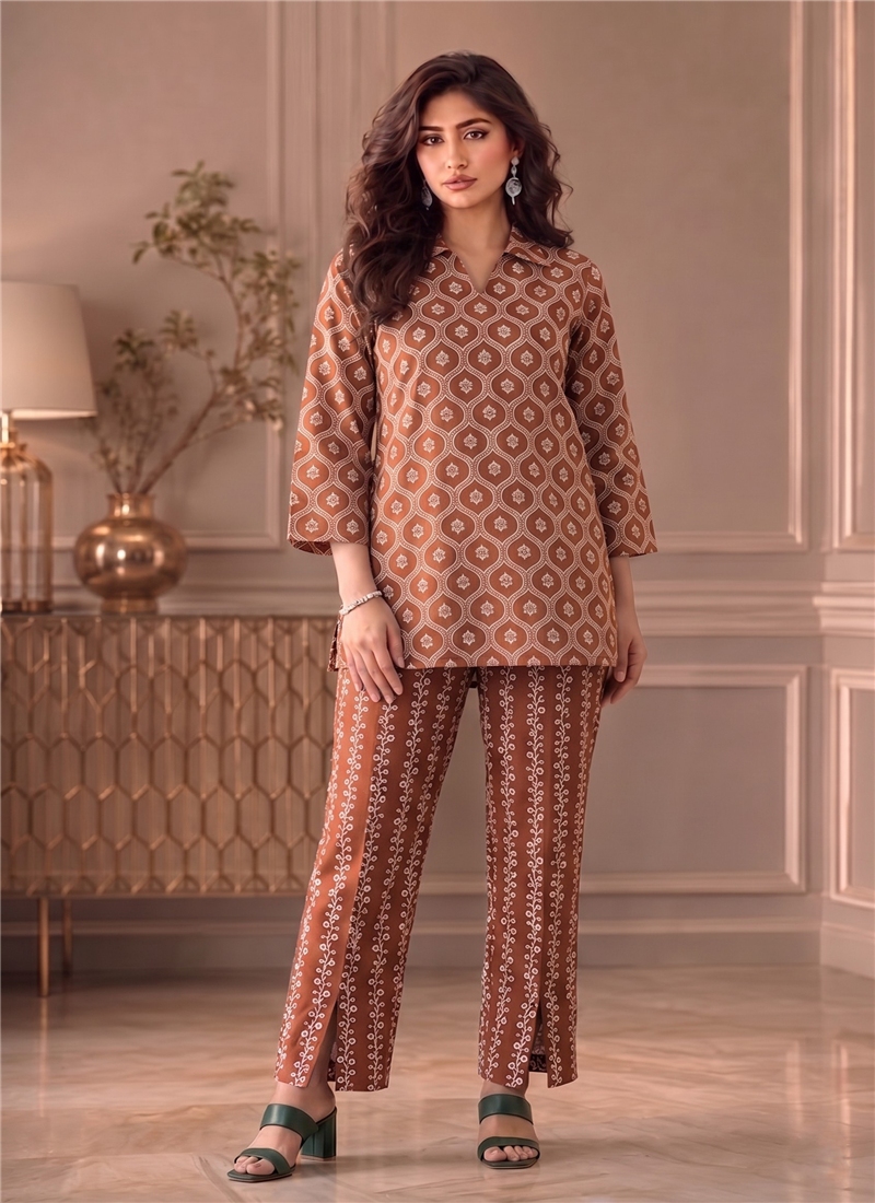 Orange Printed Cotton Straight Top Pant Set After Six Wear