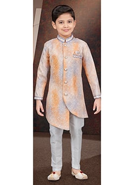 Orange Pure Silk Sequins Kids Boys Indowestern Sherwani