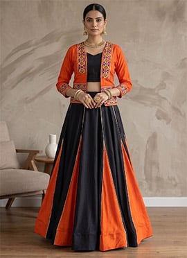 Orange Rayon Cotton Embroidered Indowestern Jacket Choli Lehenga For Garba Nights