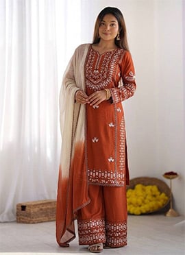 Orange Rayon Cotton Embroidered Palazzo Suit