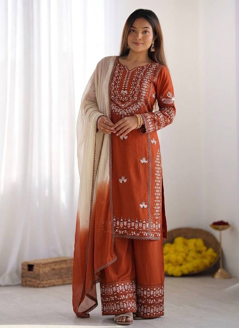 Orange Rayon Cotton Embroidered Palazzo Suit Festive Wear
