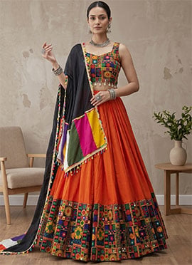 Orange Rayon Cotton Mirror Work Embroidered Chaniya Choli
