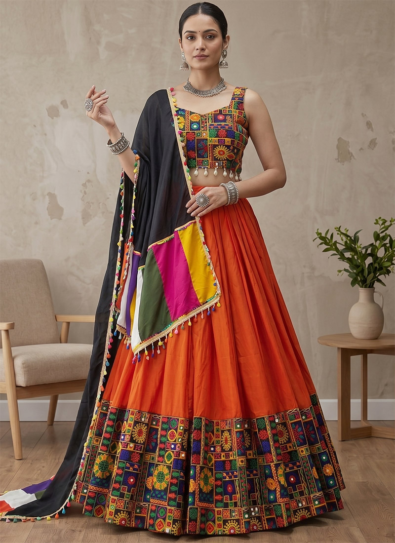 Orange Rayon Cotton Mirror Work Embroidered Chaniya Choli Festive Wear