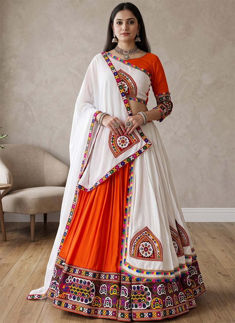 Orange Rayon Cotton Mirror Work Embroidered Chaniya Choli Festive Wear