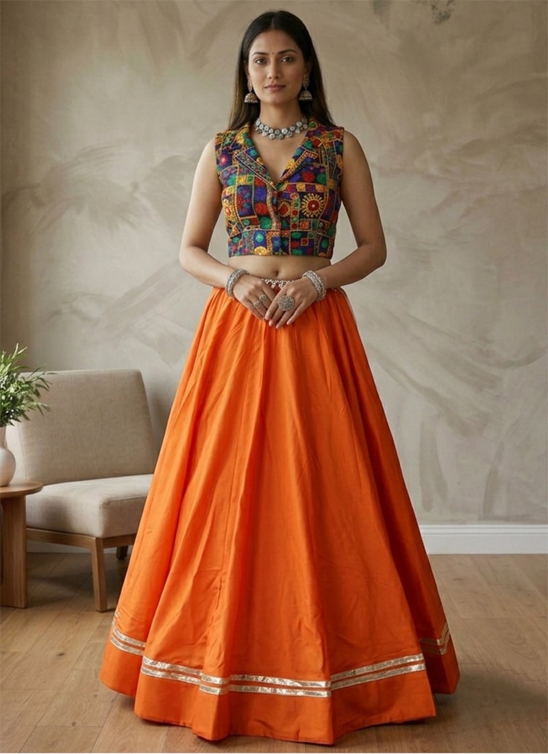 Orange Rayon Cotton Mirror Work Embroidered Indowestern Chaniya Choli For Navratri Festive Wear