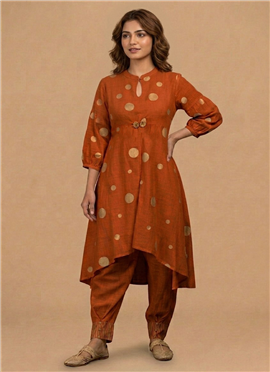 Orange Rayon Cotton Polka Kurta Set