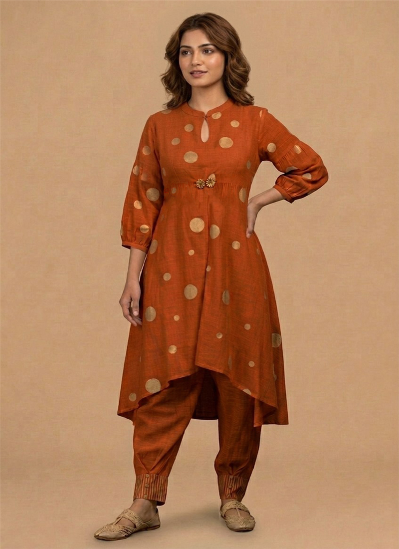 Orange Rayon Cotton Polka Kurta Set After Six Wear