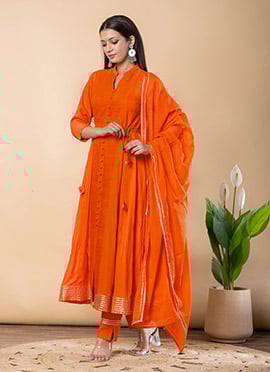 Orange Rayon Gota Lace Work Anarkali Suit