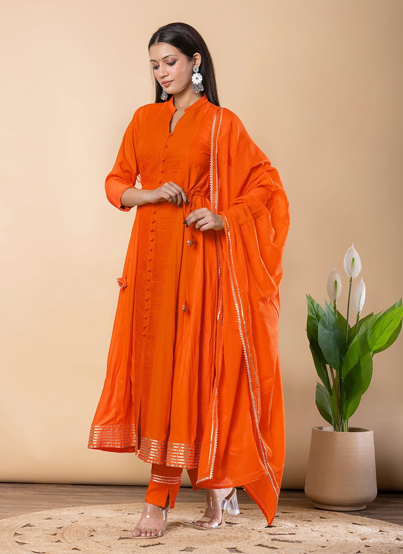 Orange Rayon Gota Lace Work Anarkali Suit After Six Wear