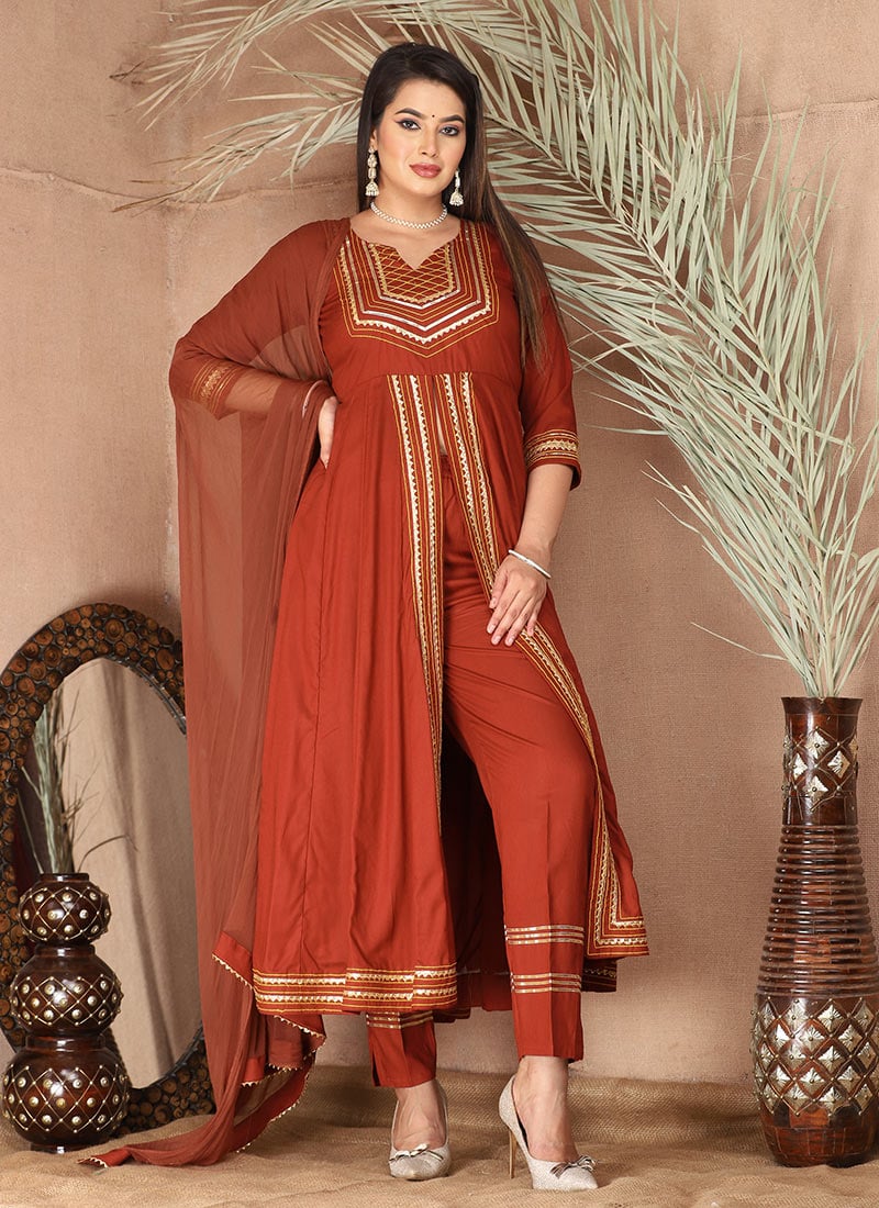 Orange Rayon Gota Patti Thread Anarkali Suit After Six Wear