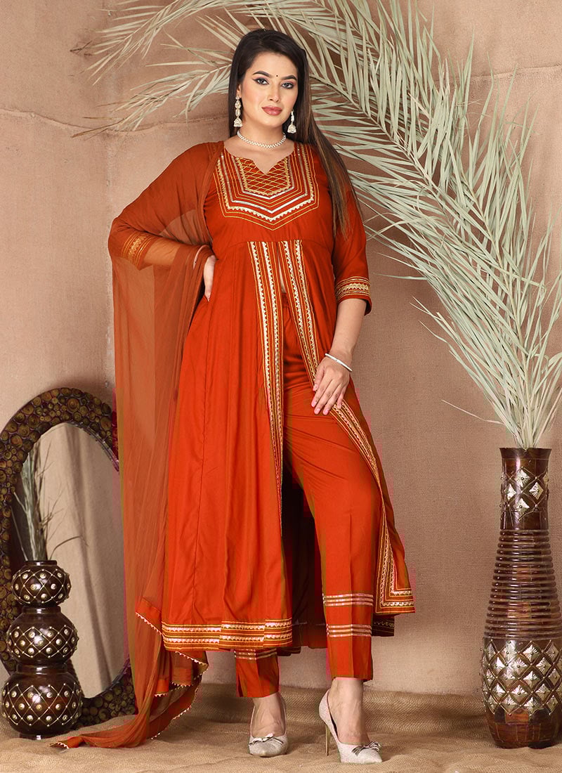 Orange Rayon Gota Patti Thread Anarkali Suit After Six Wear