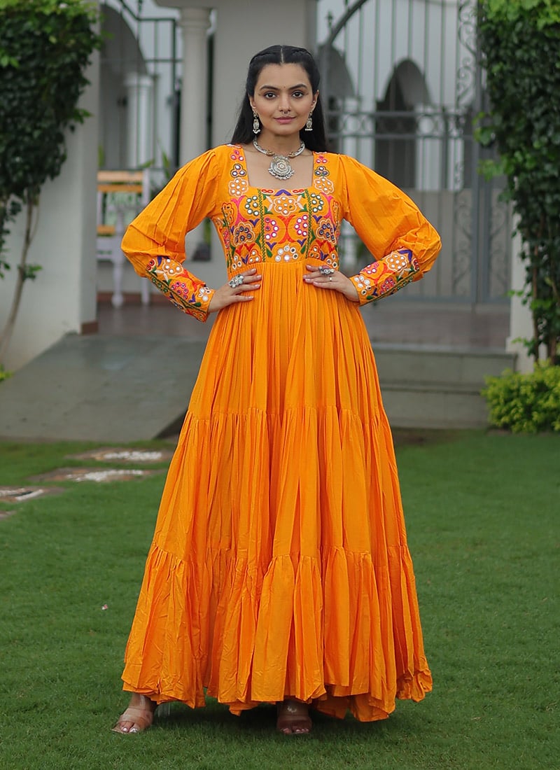 Orange Rayon Kutch Gamthi Work Anarkali Gown