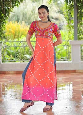 Orange Rayon Long Straight Kurti With Gamthi Print After Six Wear