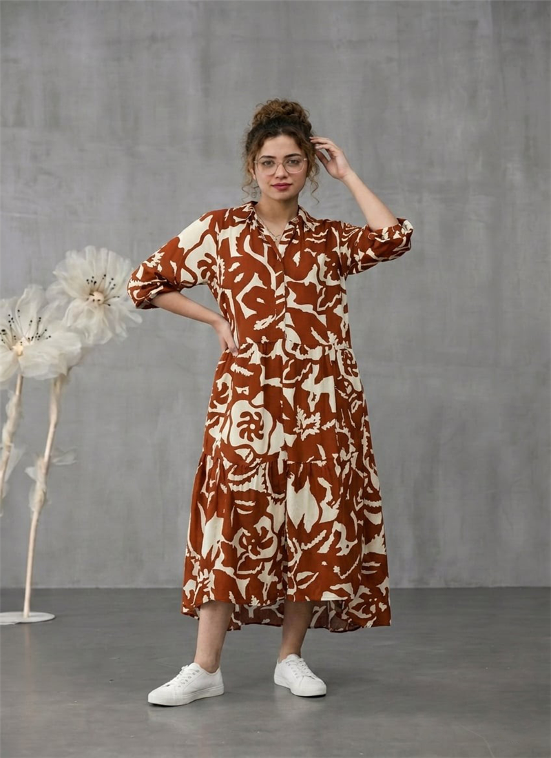 Orange Rayon Printed Midi Dress After Six Wear