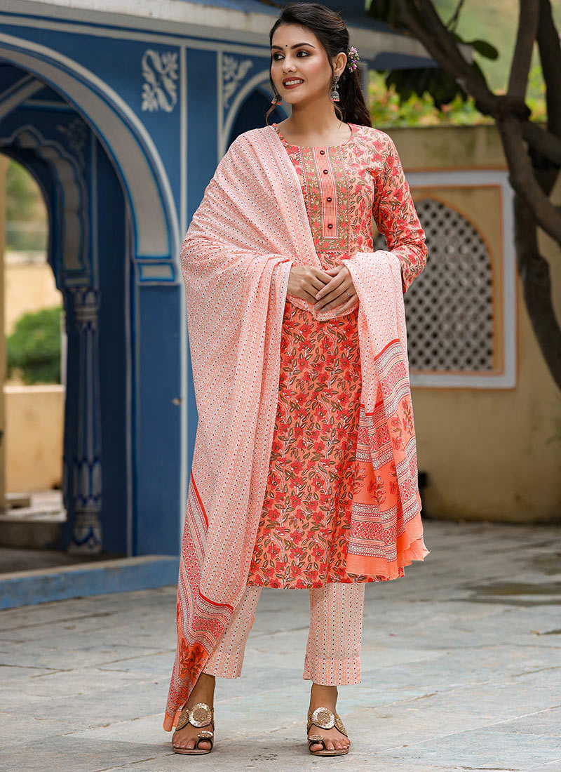 Orange Rayon Printed Straight Pant Suit With Kurta And Dupatta After Six Wear