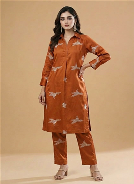 Orange Rayon Satin Embroidered Kurta Set