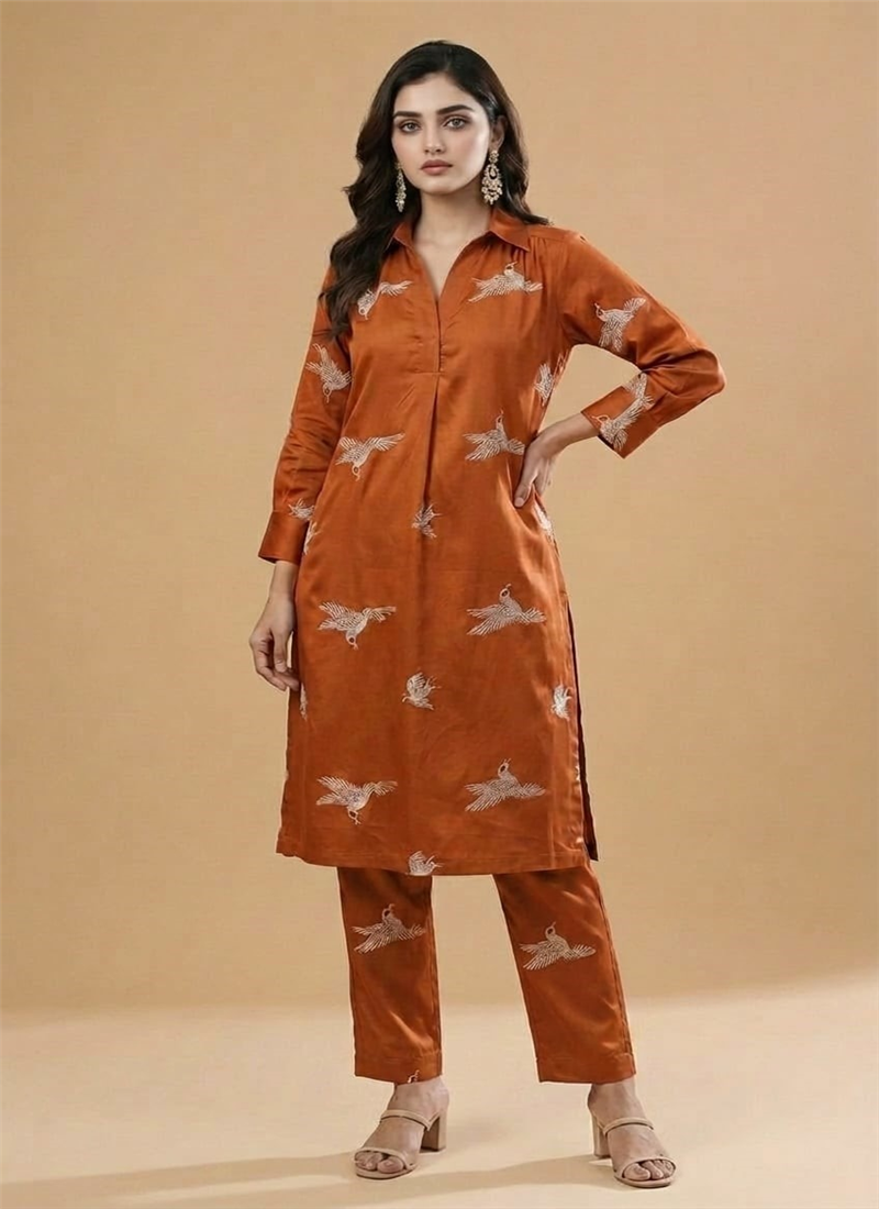 Orange Rayon Satin Embroidered Kurta Set After Six Wear