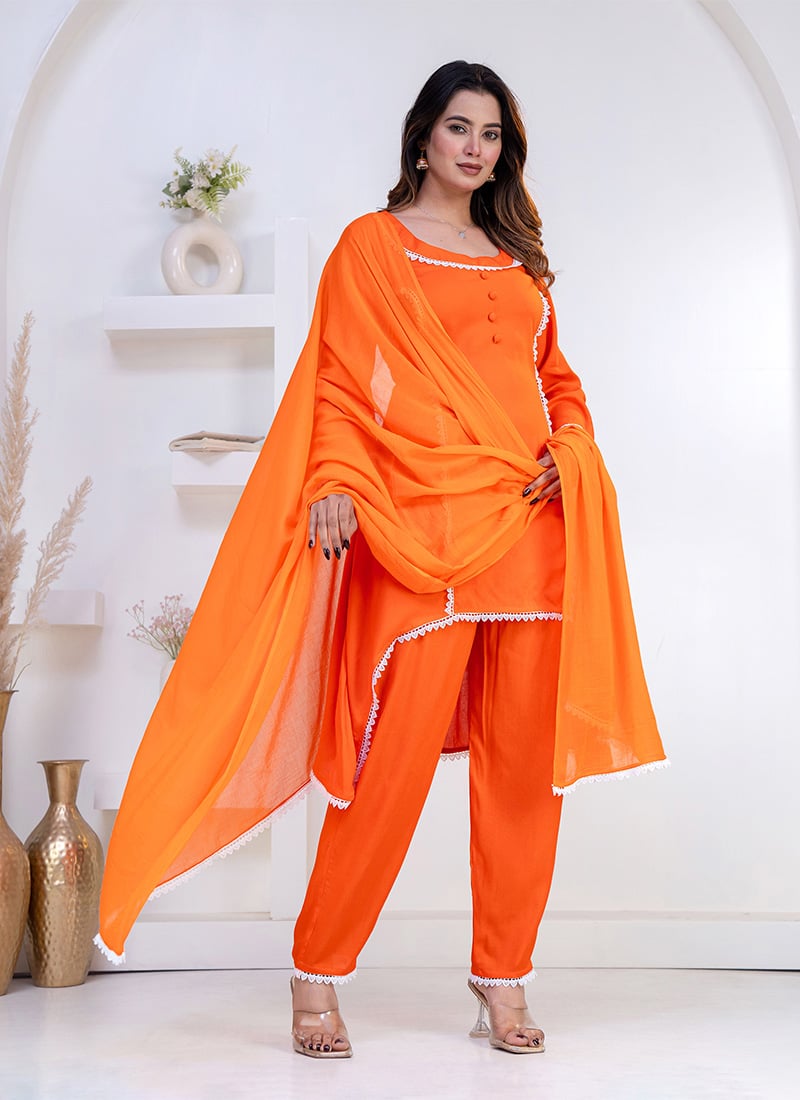 Orange Rayon Straight Pant Suit After Six Wear