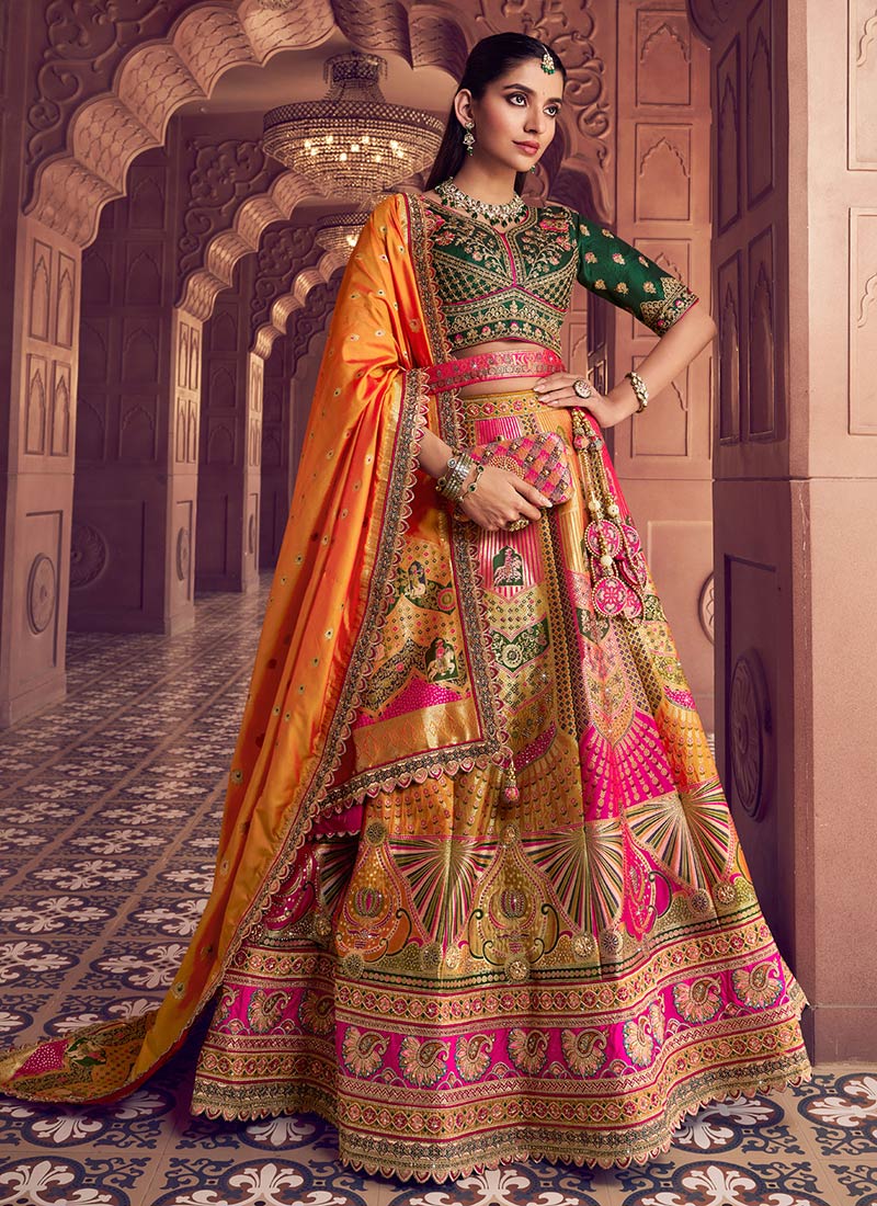 Orange Resham Zari Stones Silk Umbrella Lehenga Wedding Wear