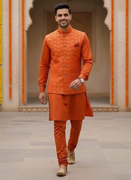 Orange Roman Silk  Embroidered Sequins Koti Bandi Set