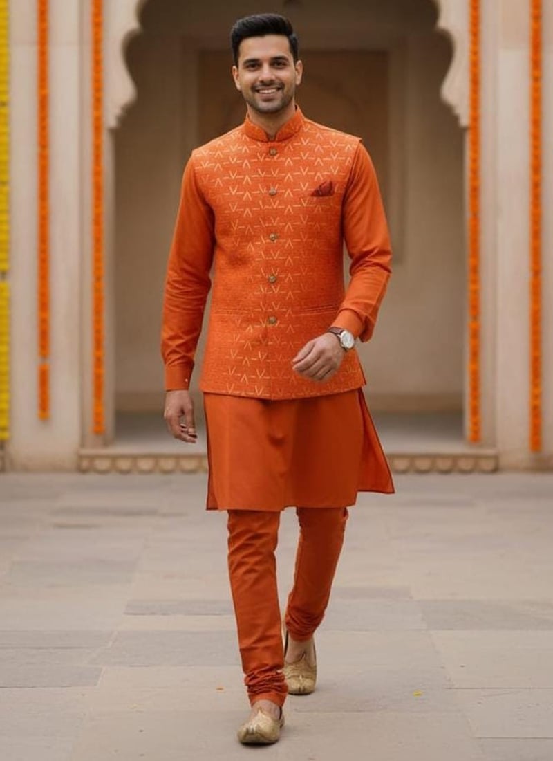 Orange Roman Silk  Embroidered Sequins Koti Bandi Set Festive Wear