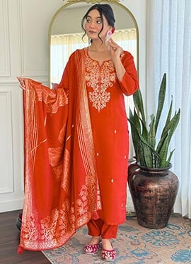 Orange Roman Silk Embroidered Sequins Jacquard Straight Pant Suit