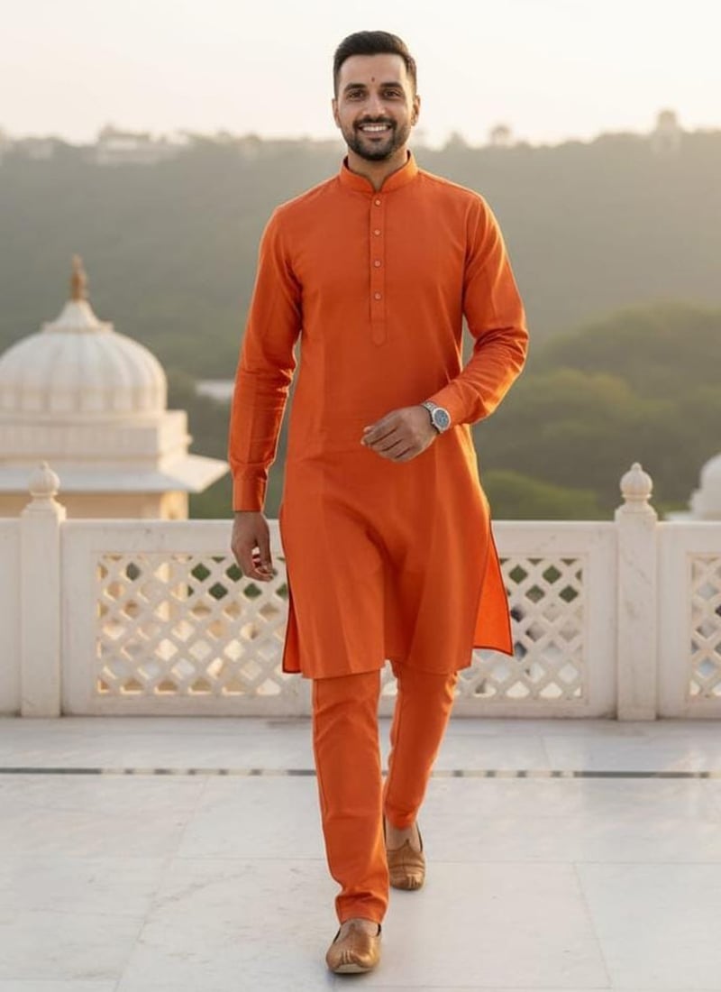 Orange Roman Silk Kurta Pyjama Set Festive Wear