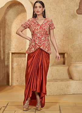 Orange Satin Blend Embroidered Sequins Indowestern Set and Suit
