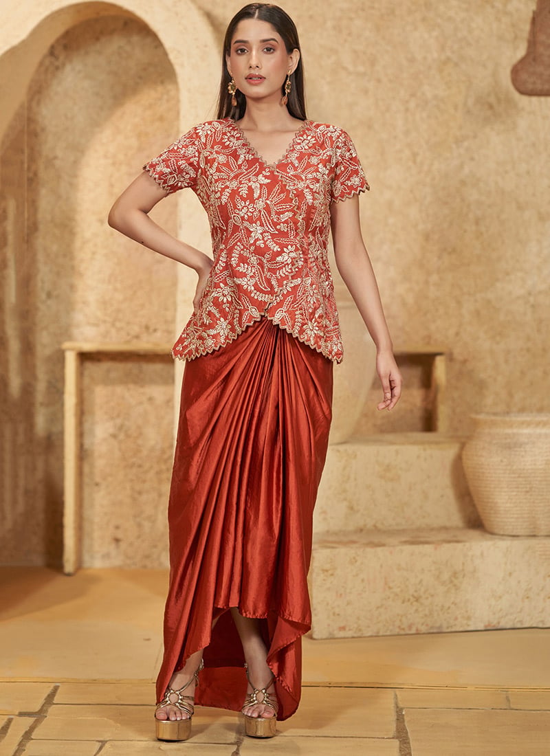 Orange Satin Blend Embroidered Sequins Indowestern Set and Suit After Six Wear
